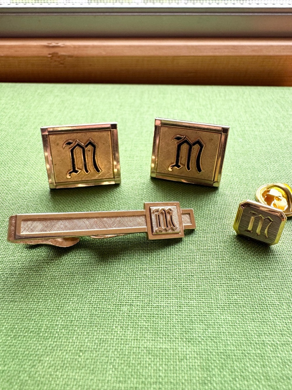 Vintage SWANK Gold Tone Monogram "M" Cufflinks, Tie Clip & Pin Set